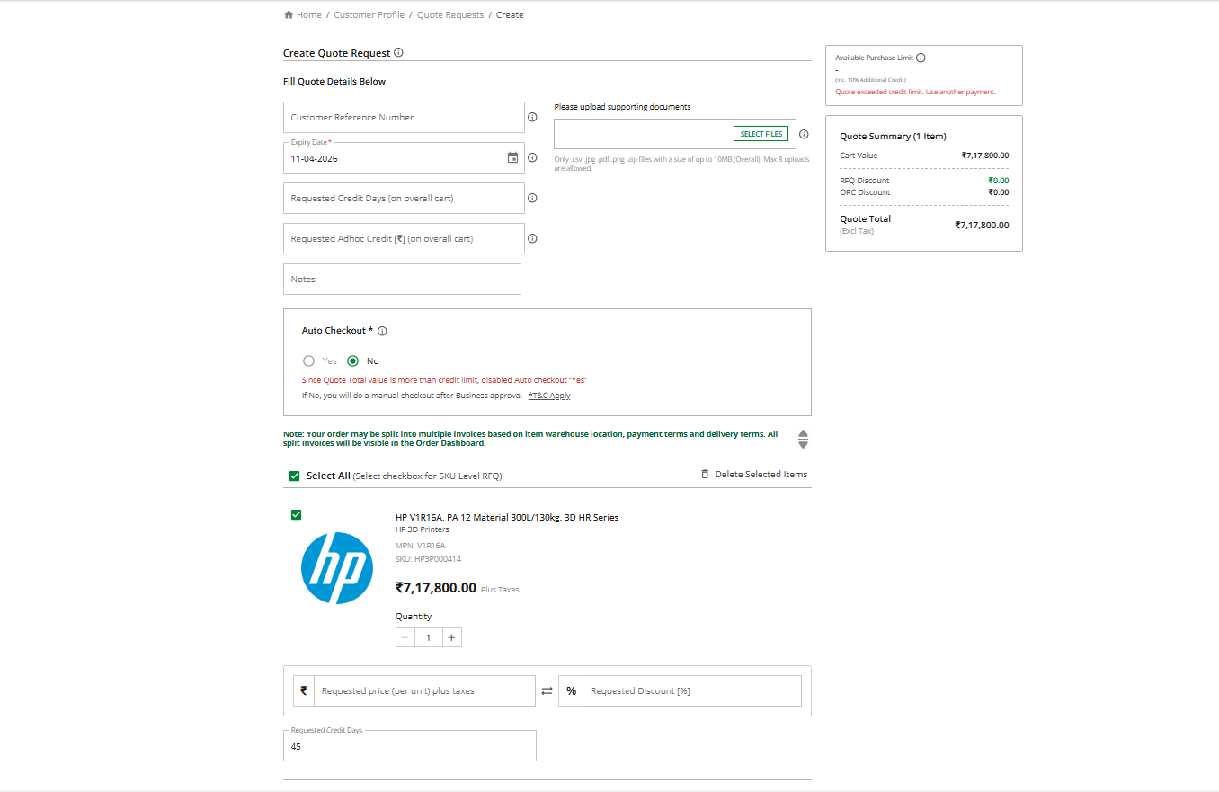 Create Quote Request page on Redington Online showing RFQ options