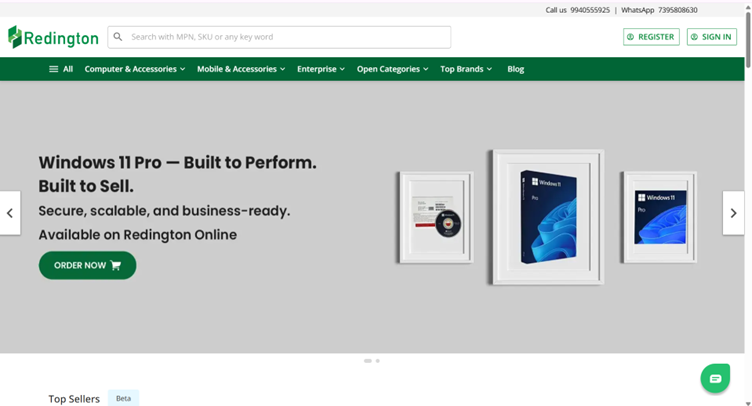 Redington Online top navigation showing product categories